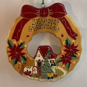 Vintage Hand Painted Seasons Greetings Wooden Wreath